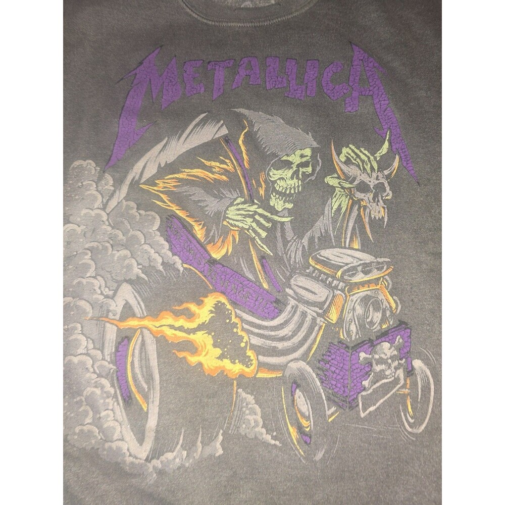Metallica Grim Reaper Hot Rod Sweatshirt Gray Purple Flames Distressed Look...
